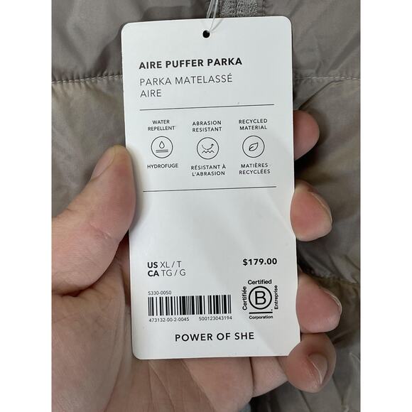 Athleta Aire Puffer Parka Coat Womens XL Tall Beige Hooded Water Repellent - Picture 7 of 11